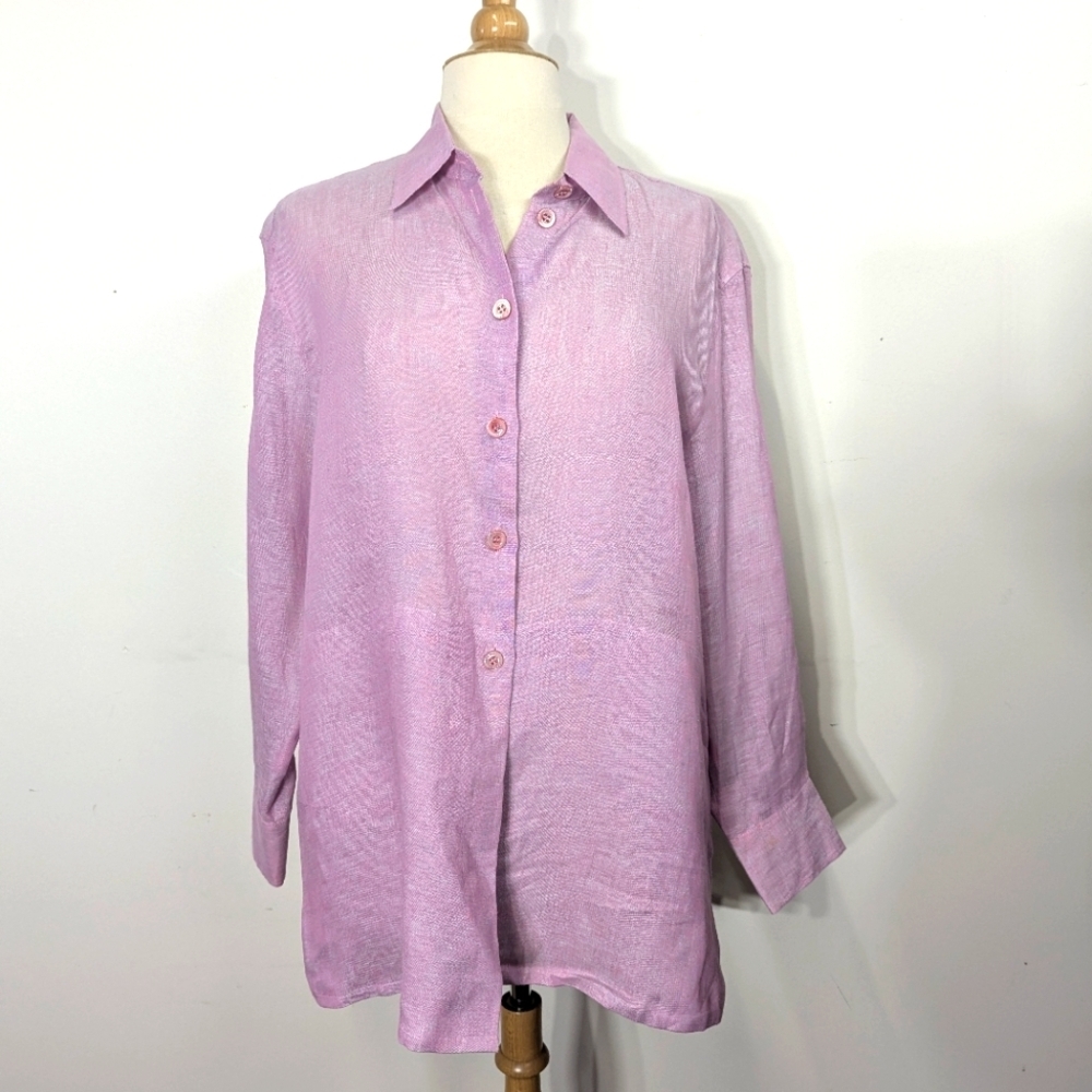 Escada Sport Designer Lilac Linen Button-Up Shirt L Oversized Loose Langenlook